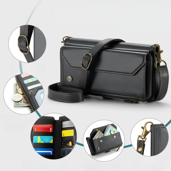 Puzdro CASEME pre Samsung Galaxy S24 FE, RFID Leather Wallet, s popruhom cez rameno, čierne
