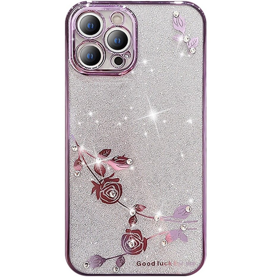 Puzdro pre iPhone 14 Pro, Glitter Flower, fialové