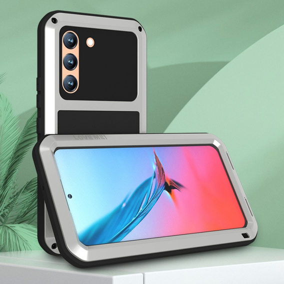 Love Mei Obal na mobil pre Samsung Galaxy S22, armored with glass, strieborné