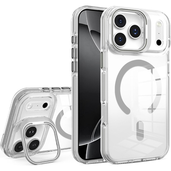 Puzdro pre iPhone 17 Pro Max, pre MagSafe, so stojanom, priehľadné so sivými vložkami
