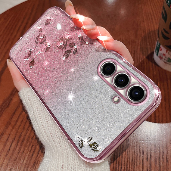 Puzdro pre Samsung Galaxy A54, Glitter Flower, ružové rose gold