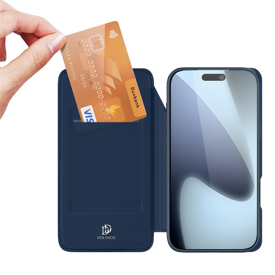 Puzdro Dux Ducis pre iPhone 17 Pro, Skin Pro, s chlopňou, s otvorom na kartu, tmavomodré
