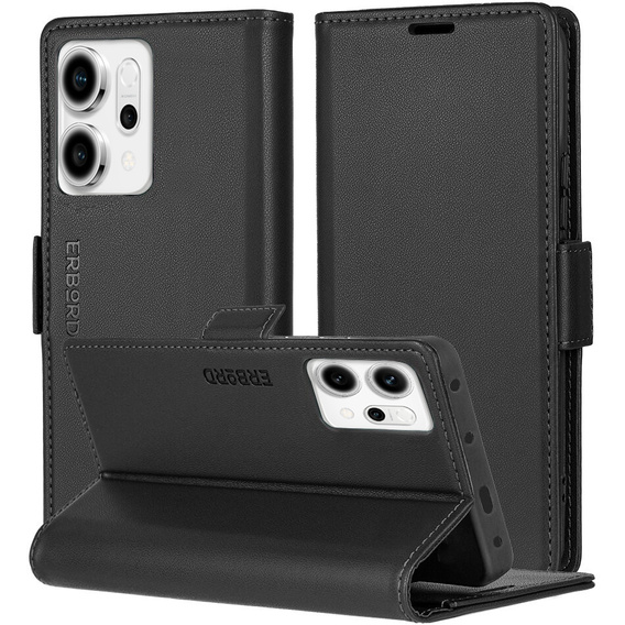 Puzdro pre Oppo Reno 14, ERBORD Glossy Litchi, flipová peňaženka, čierne