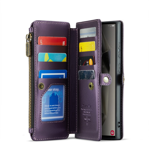 Puzdro CASEME pre Samsung Galaxy S25 Ultra, RFID Leather Wallet, s popruhom cez rameno, fialové