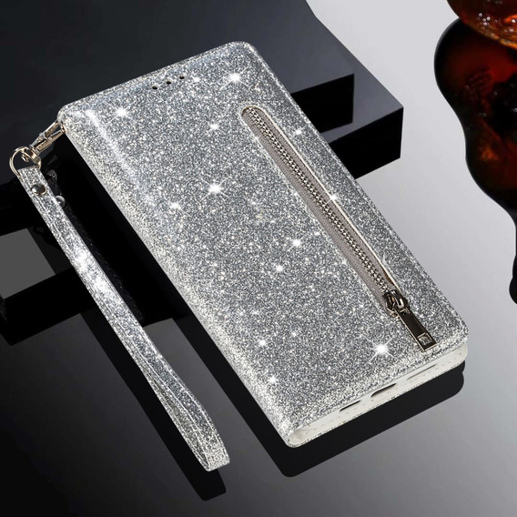 Klapkové puzdro pre Samsung Galaxy A36 5G, Wallet Zipper Pocket Glittery, strieborné
