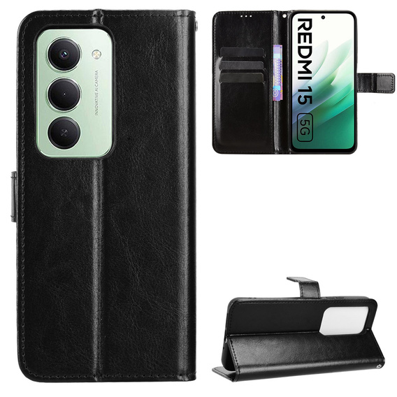 Klapkové puzdro pre Xiaomi Redmi 15 5G / 4G, textúrované Crazy Horse, čierne