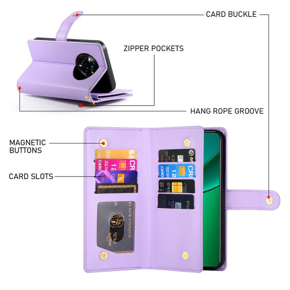Klapkové puzdro pre Realme 14 Pro 5G, Wallet Zipper Pocket, fialové