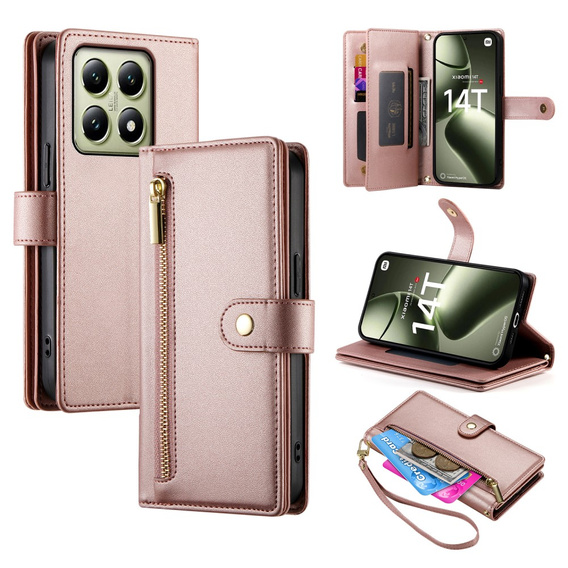 Klapkové puzdro pre Xiaomi 14T, Wallet Zipper Pocket, ružové