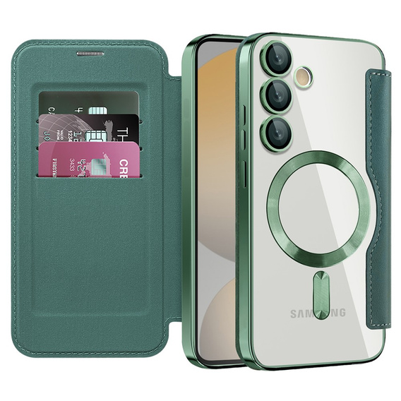 Klapkové puzdro pre Samsung Galaxy S24 FE, RFID Wallet MagSafe CamShield, zelený