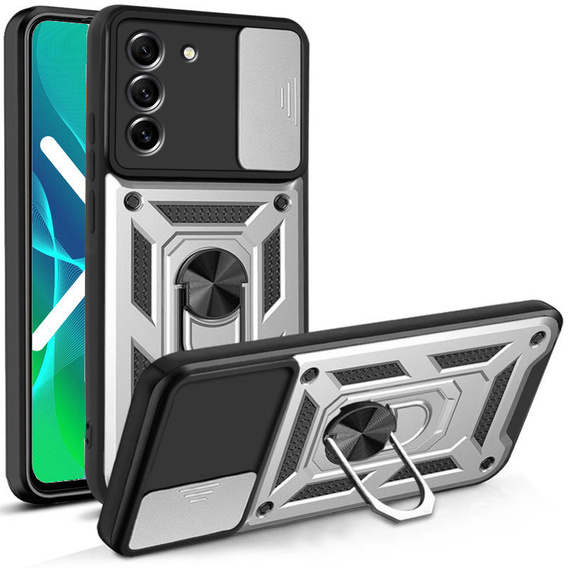 Obal na mobil pre Samsung Galaxy S21 FE, CamShield Slide, strieborné