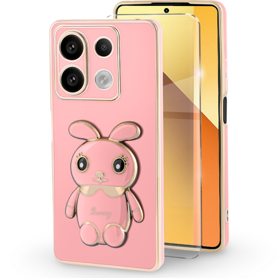 Puzdro pre Xiaomi Redmi Note 13 5G, Rabbit, ružové + tvrdené sklo 9H