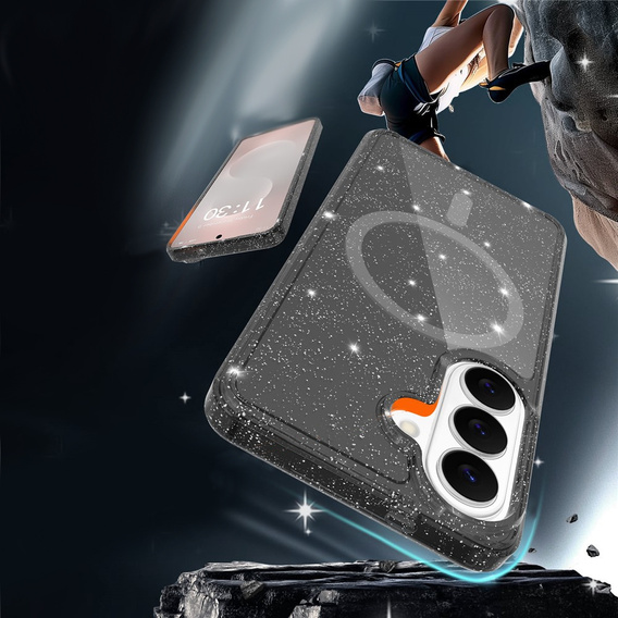 Třpytivé pouzdro, pro MagSafe pro Samsung Galaxy S26, průhledné/černé