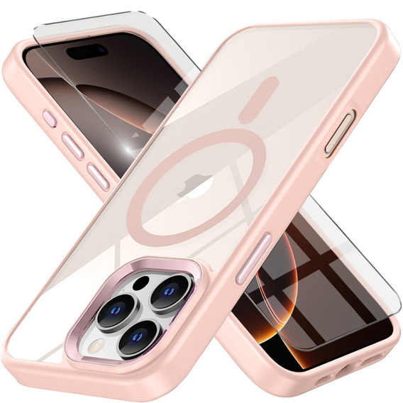 Puzdro pre iPhone 16 Pro Max, pre MagSafe, ERBORD Matt Case, transparentné / ružové + sklo na displej