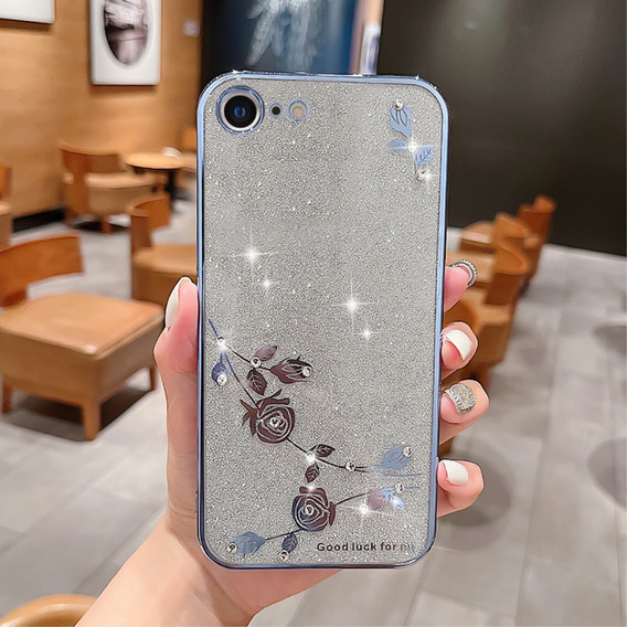 Puzdro pre iPhone SE 2022 / SE 2020 / 8 / 7, Glitter Flower, modré