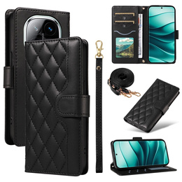 Puzdro s chlopňou pre Xiaomi Redmi Note 14 Pro 5G / Xiaomi Redmi Note 14 Pro+ 5G / Xiaomi Poco X7 5G, Rhombus Crossbody Leather, čierne
