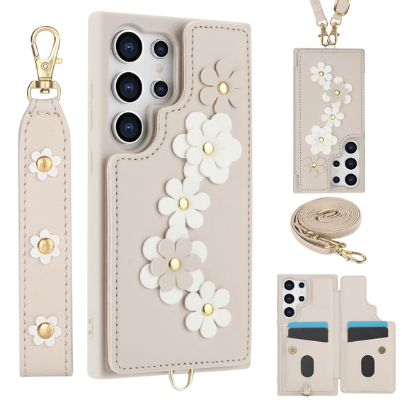 Puzdro pre Samsung Galaxy S24 Ultra, Leather Flower Card Slot, béžové
