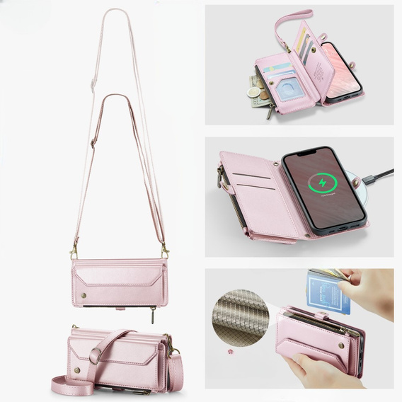 Puzdro CASEME pre iPhone16E, RFID Leather Wallet, s popruhom cez rameno, ružové