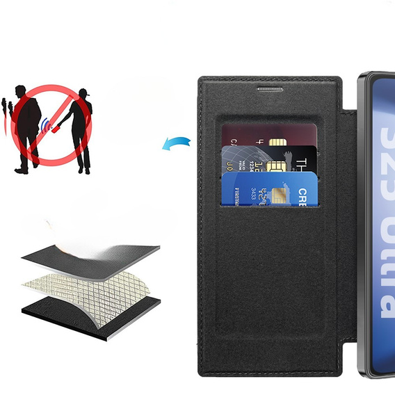 Klapkové puzdro pre Samsung Galaxy S25 Ultra, RFID Rhombus Wallet MagSafe CamShield, čierne