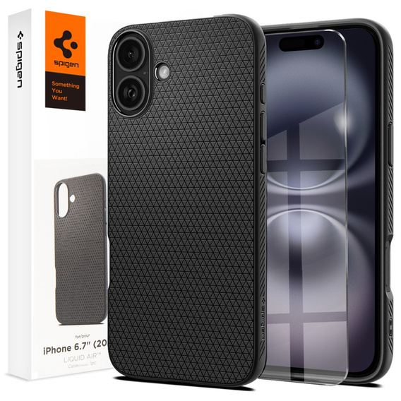 Puzdro Spigen pre iPhone 16 Plus, Liquid Air, čierne + tvrdené sklo 9H