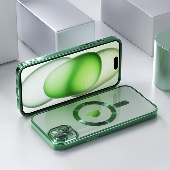 Puzdro pre iPhone 15, Electro MagSafe, zelený + sklo na displej