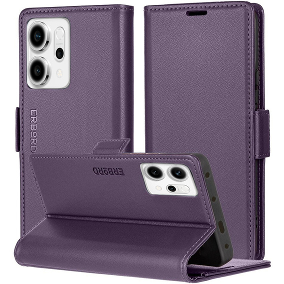 Puzdro pre Oppo Reno 14, ERBORD Glossy Litchi, flipová peňaženka, fialové