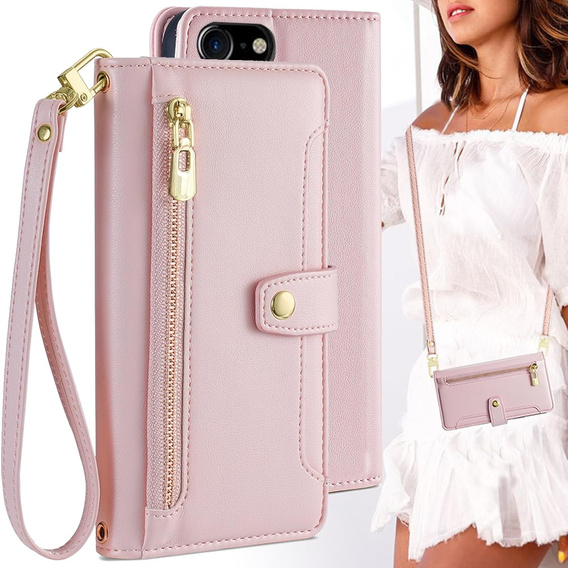 Klapkové puzdro pre iPhone 16E, Wallet Zipper Pocket, ružové