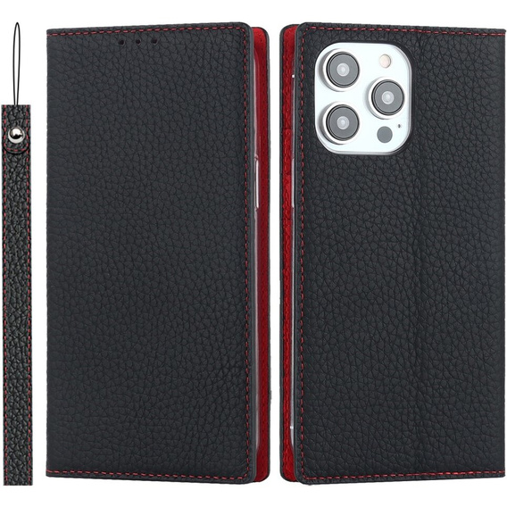 Klapkové puzdro pre iPhone 15 Pro, Litchi Skin Grain, čierne