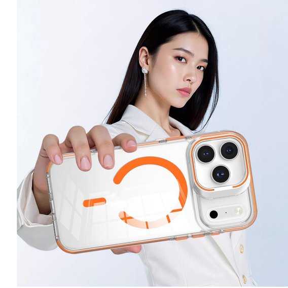 Puzdro pre iPhone 17 Pro Max, pre MagSafe, so stojanom, priehľadné s oranžovými vložkami