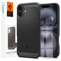 Puzdro Spigen pre iPhone 16 Plus, Rugged Armor MagSafe, čierne + tvrdené sklo 9H