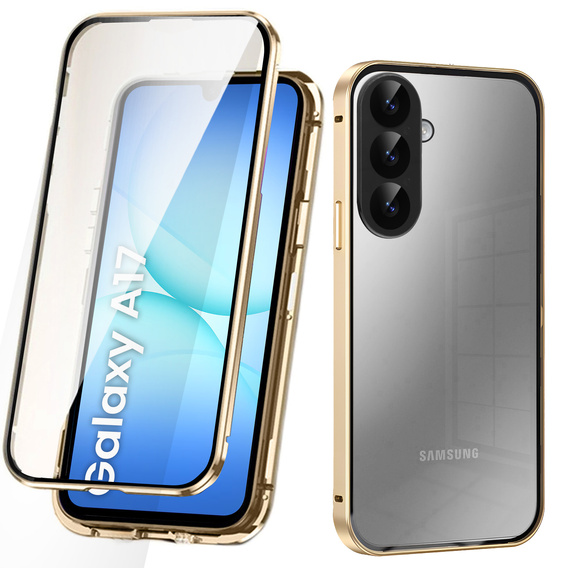 Puzdro pre Samsung Galaxy A17 5G, magnetické dvojité sklo, priehľadné so zlatými stranami