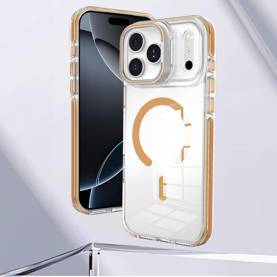 Puzdro pre iPhone 17 Pro Max, pre MagSafe, so stojanom, priehľadné so zlatými vložkami