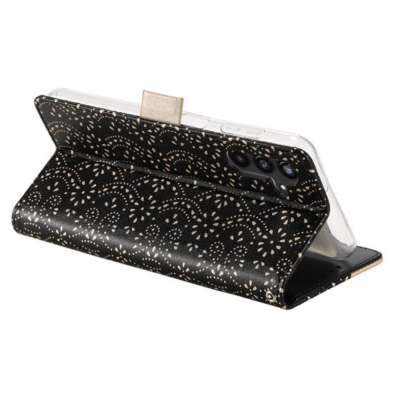 Klapkové puzdro pre Samsung Galaxy A25 5G, Wallet Pocket Zipper Lace, čierne