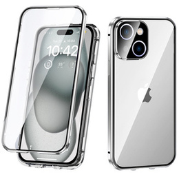 Puzdro pre iPhone 15 Plus, Magnetic Dual Glass, strieborné