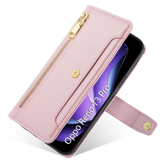 Klapkové puzdro pre Oppo Reno 13 Pro, Wallet Zipper Pocket, ružové