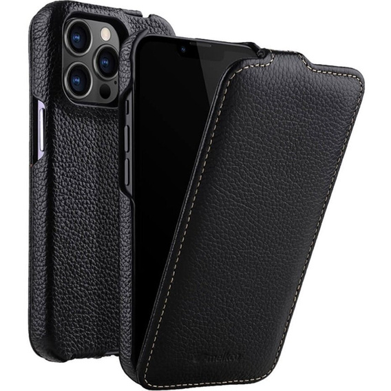MELKCO flipové puzdro pre iPhone 13 Pro Max, kožené, flipové, čierne