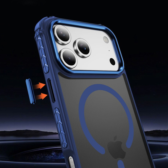 Matné puzdro pre iPhone 17 Pro, pancierované, pre MagSafe, dymové s modrými bokmi