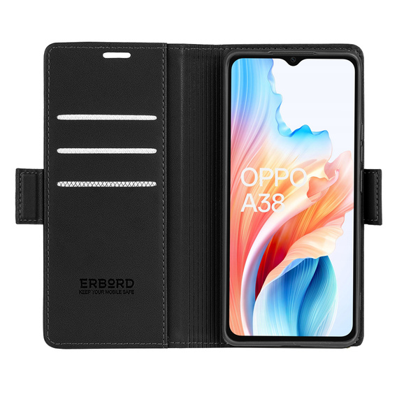 Puzdro pre Oppo A18 4G / A38 4G, ERBORD Glossy Litchi, flipová peňaženka, čierne