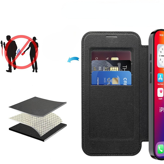 Klapkové puzdro pre iPhone 16, RFID Wallet MagSafe CamShield, čierne