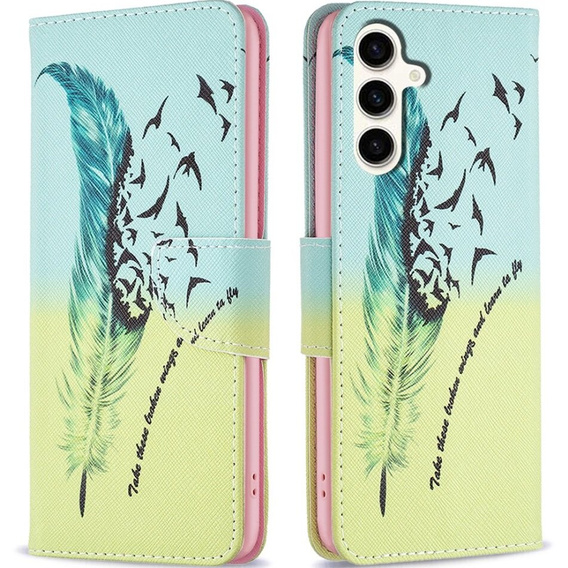 Klapkové puzdro pre Samsung Galaxy S23 FE, Wallet, Feather modré / žlté