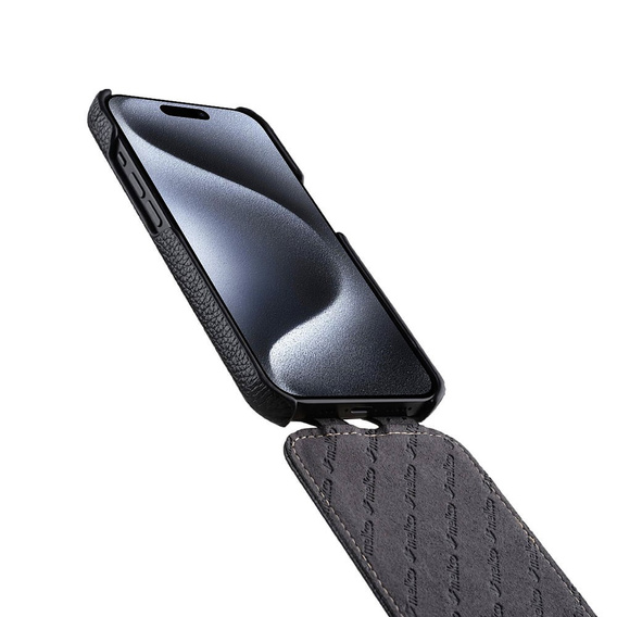 MELKCO flipové puzdro pre iPhone 15 Pro, kožené, flipové, čierne