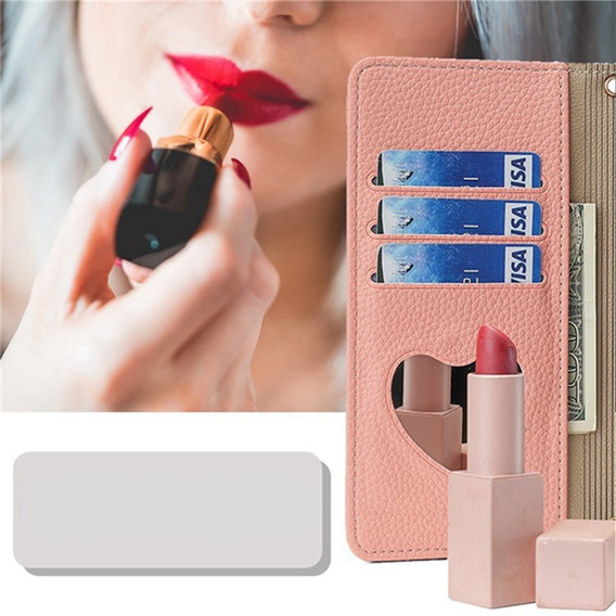 Flipové puzdro pre Samsung Galaxy A56 5G, Wallet Zipper Pocket, so zrkadlom, ružové