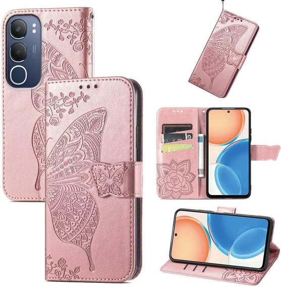 Klapkové puzdro pre Vivo Y19s, Butterfly, ružové rose gold