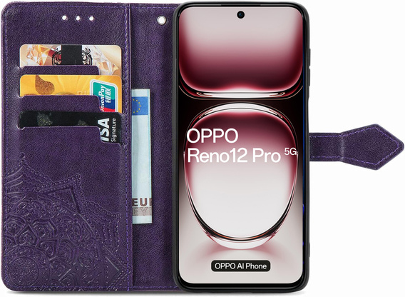 Klapkové puzdro pre Oppo Reno 12 Pro, Mandala, fialové