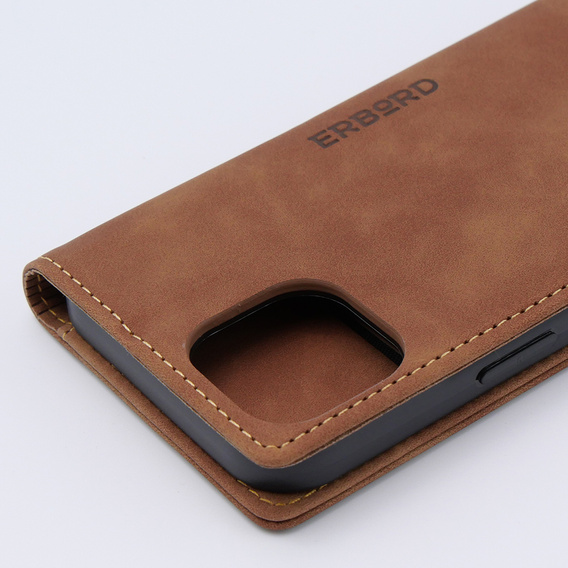 Puzdro pre iPhone 15, ERBORD Vintage, peňaženka s chlopňou, hnedé
