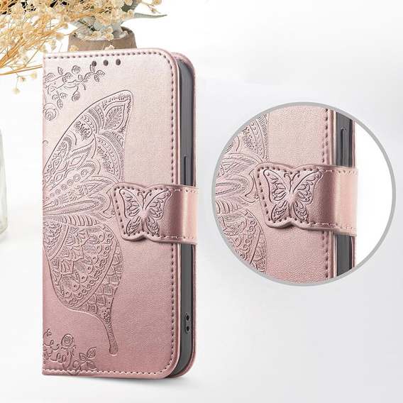 Klapkové puzdro pre Xiaomi Redmi 15C 4G/LTE, Butterfly, ružové rose gold