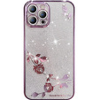 Puzdro pre iPhone 14 Pro, Glitter Flower, fialové