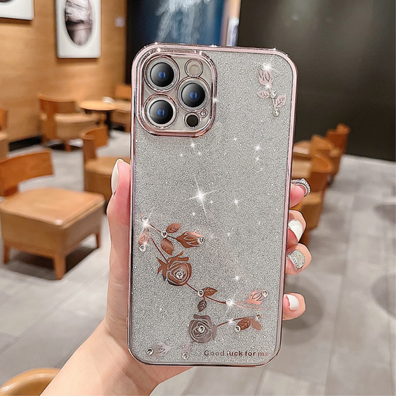 Puzdro pre iPhone 13 Pro, Glitter Flower, ružové rose gold
