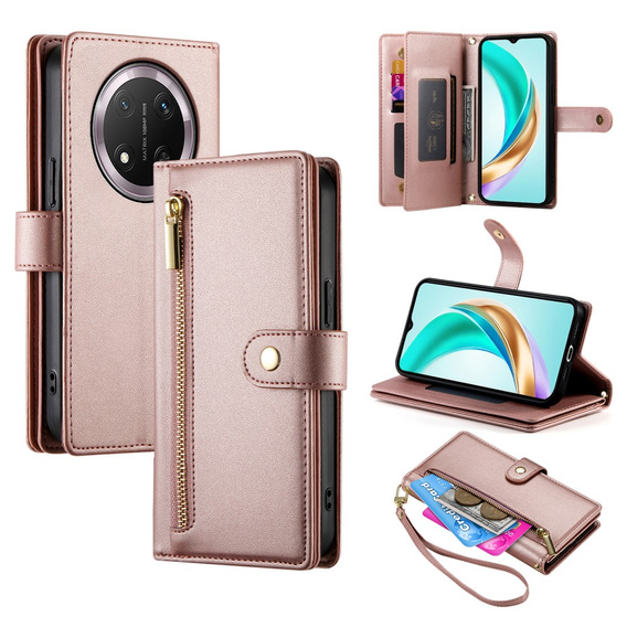 Klapkové puzdro pre Honor Magic 7 Lite, Wallet Zipper Pocket, ružové