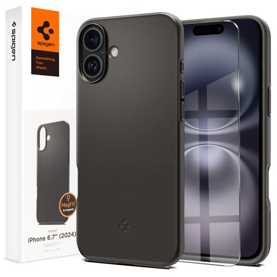 Puzdro Spigen pre iPhone 16 Plus, Thin Fit Mag, sivé + tvrdené sklo 9H