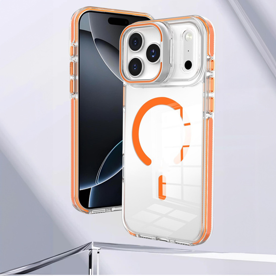 Puzdro pre iPhone 17 Pro Max, pre MagSafe, so stojanom, priehľadné s oranžovými vložkami
